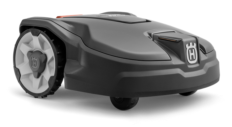 Melns Husqvarna zāles pļāvējs robots, modelis ''Automower 305'', skats no priekšas labās puses