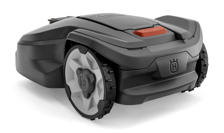 Melns Husqvarna zāles pļāvējs robots, modelis ''Automower 305'', skats no aizmugures kresās puses
