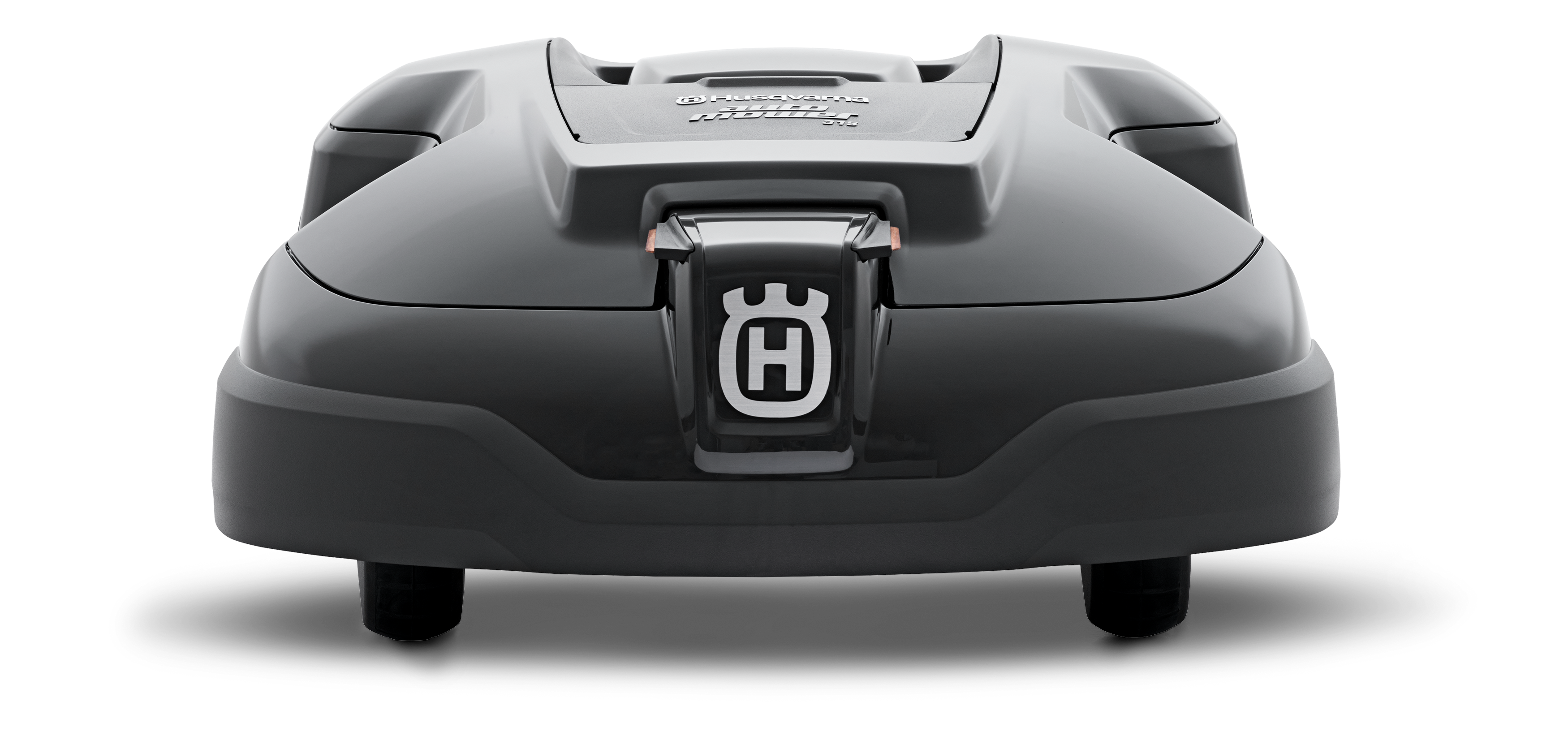 Melns Husqvarna zāles pļāvējs robots – Automower 310 modelis, skats no aizmugures