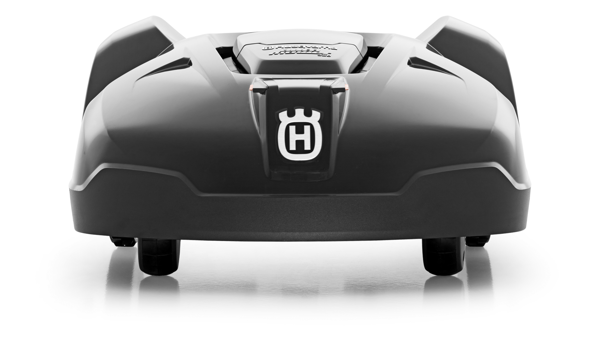 Melns Husqvarna zāles pļāvējs robots – Automower 420 modelis, skats no aizmugures