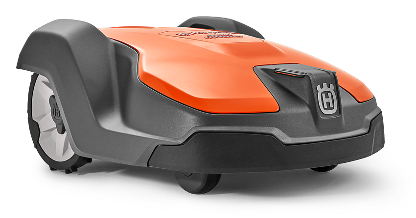 melns ar oranžu augšdaļu husqvarna zāles pļāvējs robots