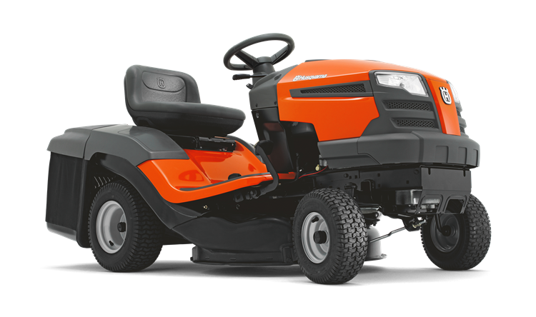 Oranžs Husqvarna zāles pļāvējs traktors, modelis ''TC 130'', skats no priekās labās puses
